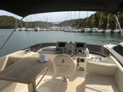 Cockpit of Moritz, a Beneteau Swift Trawler 41 Fly motor yacht at Biograd na Moru, Croatia