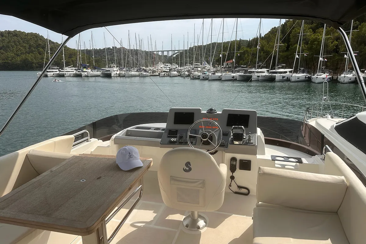 Cockpit of Moritz, a Beneteau Swift Trawler 41 Fly motor yacht at Biograd na Moru, Croatia