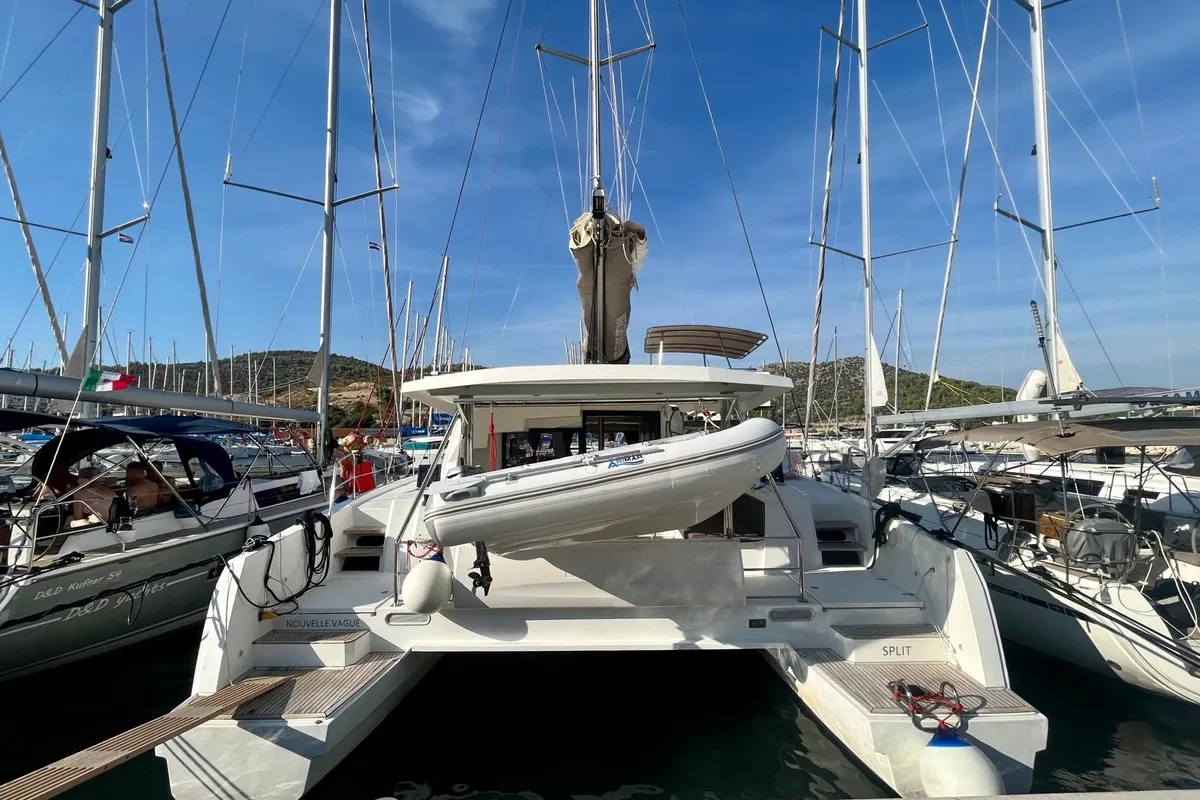 Exterior view of Nouvelle Vague, a Bali 4.5 catamaran at Općina Marina, Croatia