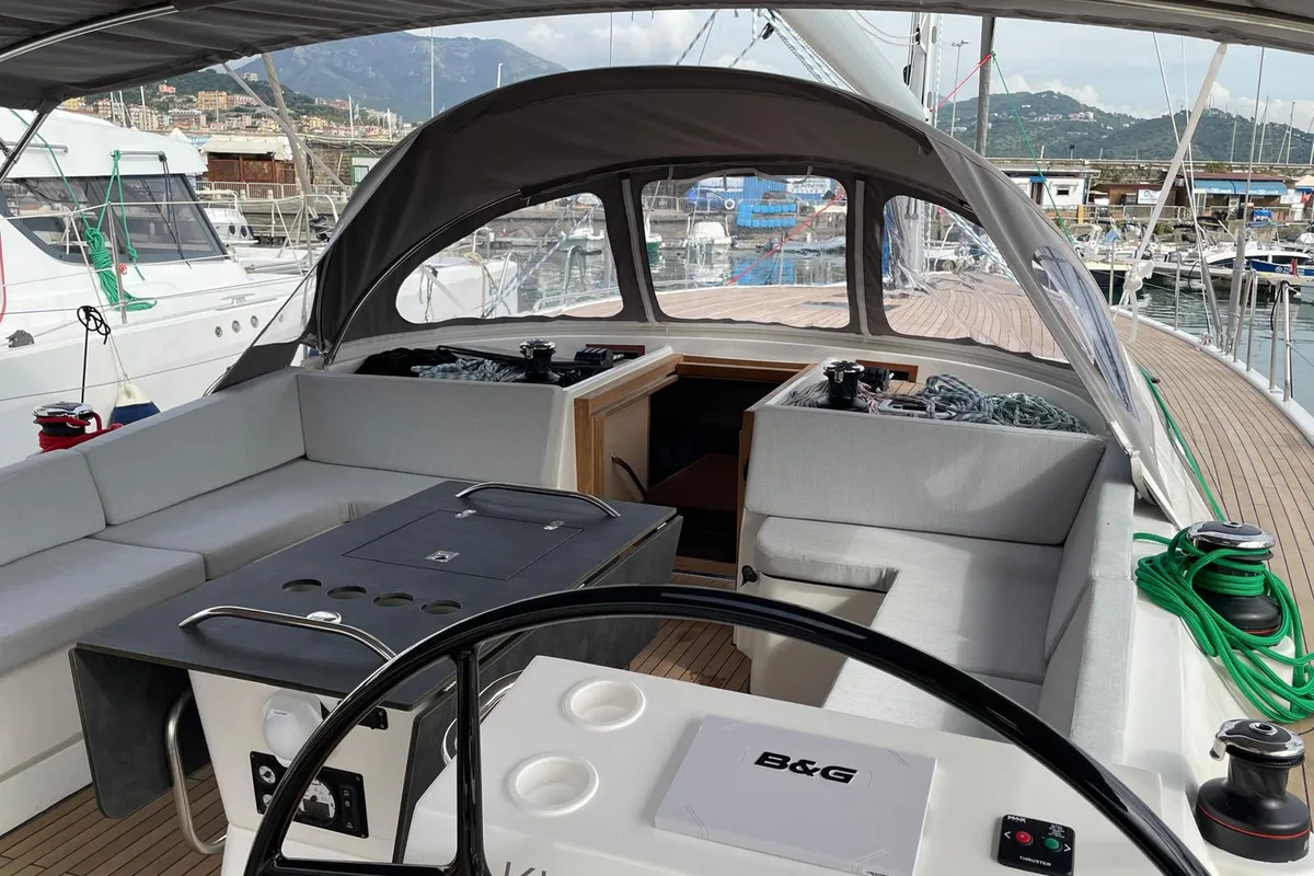 Cockpit of Six on the Sea, a D&D Kufner 54 Exclusive sailboat at Salerno, Italy