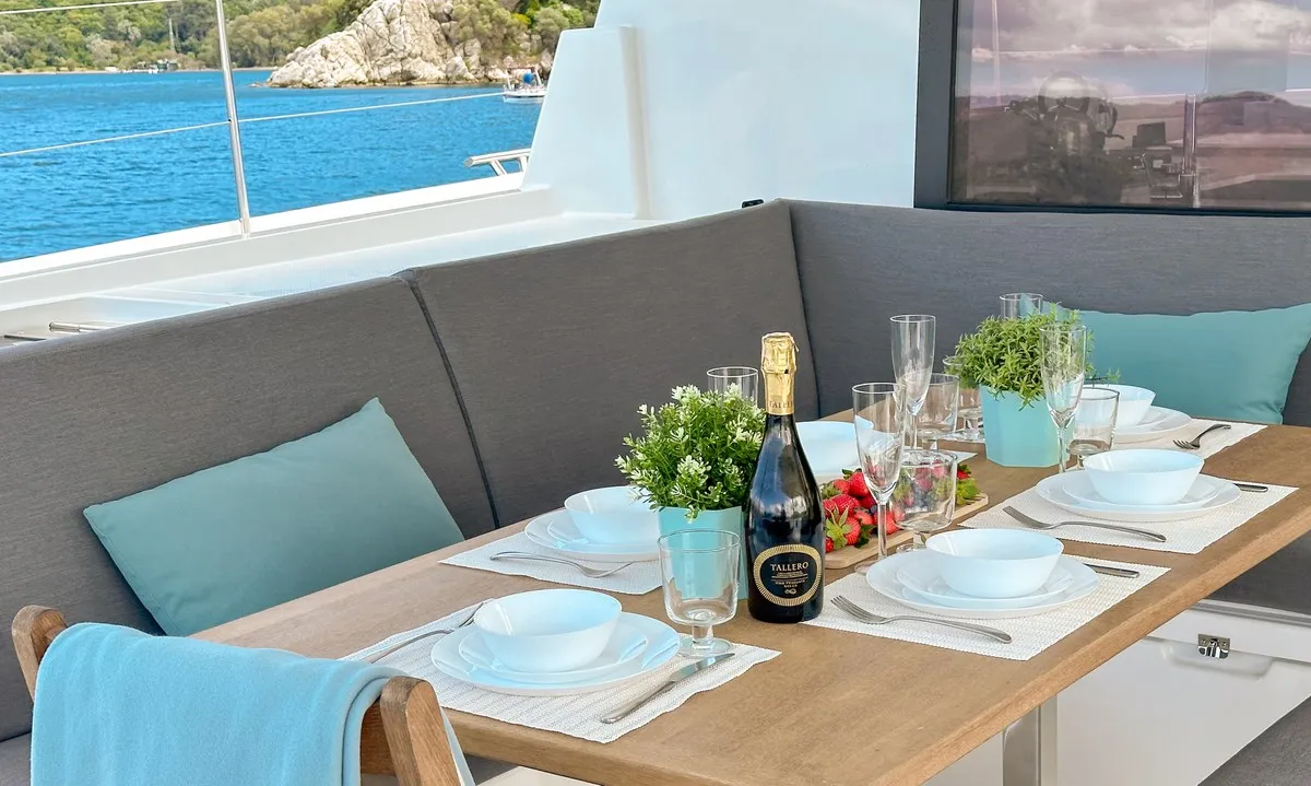 Deck of Smart Way, a Fountaine Pajot Tanna 47 catamaran at Marmaris, Turkey