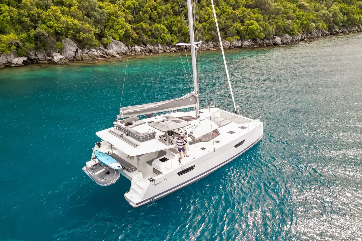 Exterior view of Smart Way, a Fountaine Pajot Tanna 47 catamaran at Marmaris, Turkey