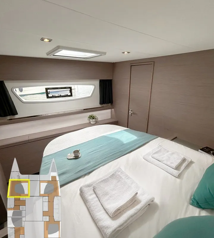 Cabin on Smart Way, a Fountaine Pajot Tanna 47 catamaran at Marmaris, Turkey