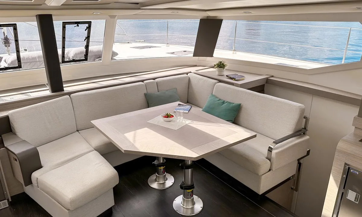 Salon of Smart Way, a Fountaine Pajot Tanna 47 catamaran at Marmaris, Turkey