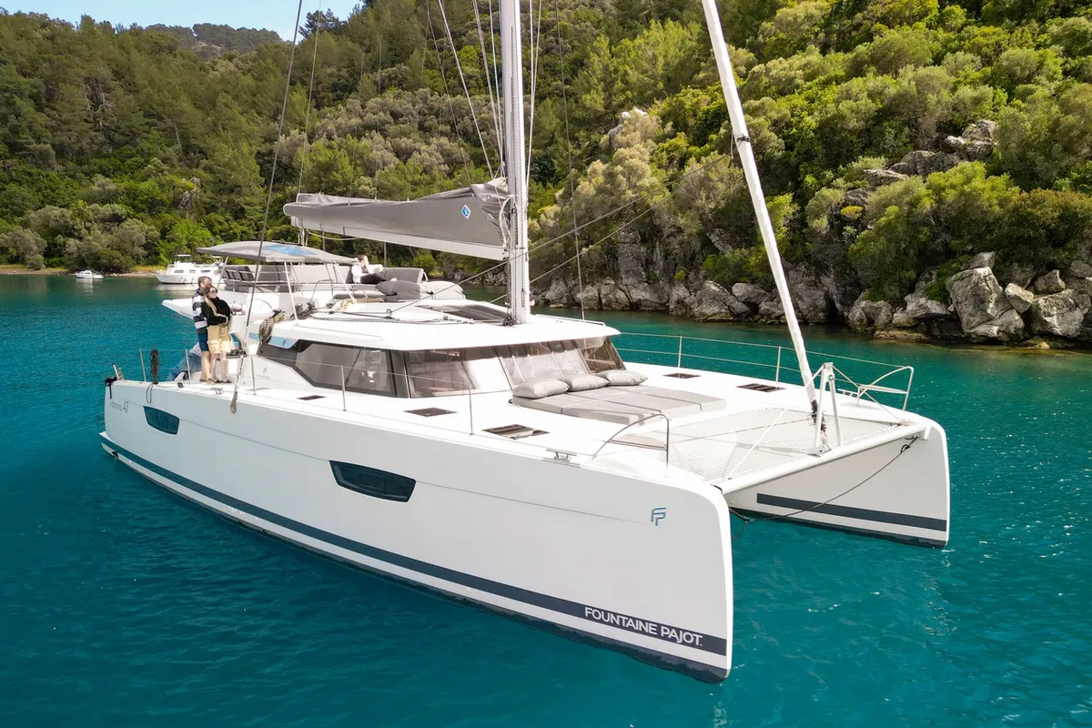 Exterior view of Smart Way, a Fountaine Pajot Tanna 47 catamaran at Marmaris, Turkey