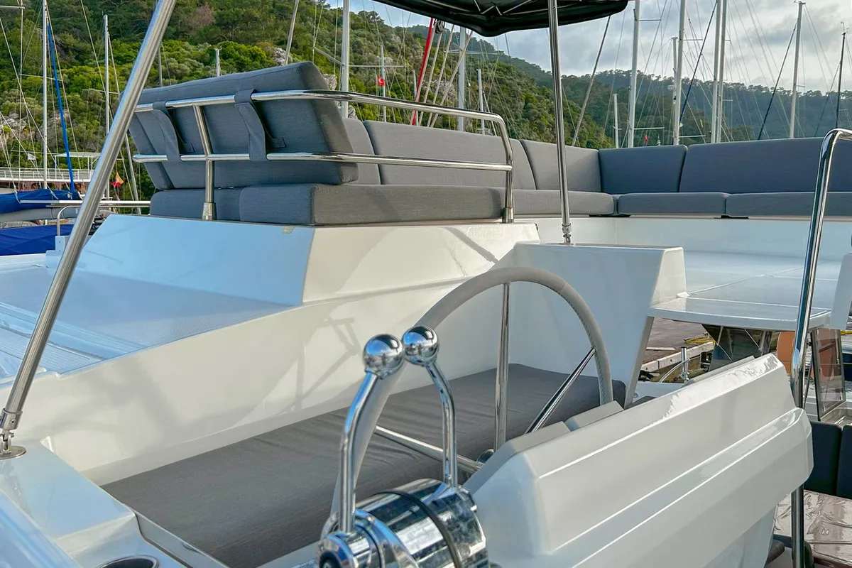 Cockpit of Smart Way, a Fountaine Pajot Tanna 47 catamaran at Marmaris, Turkey