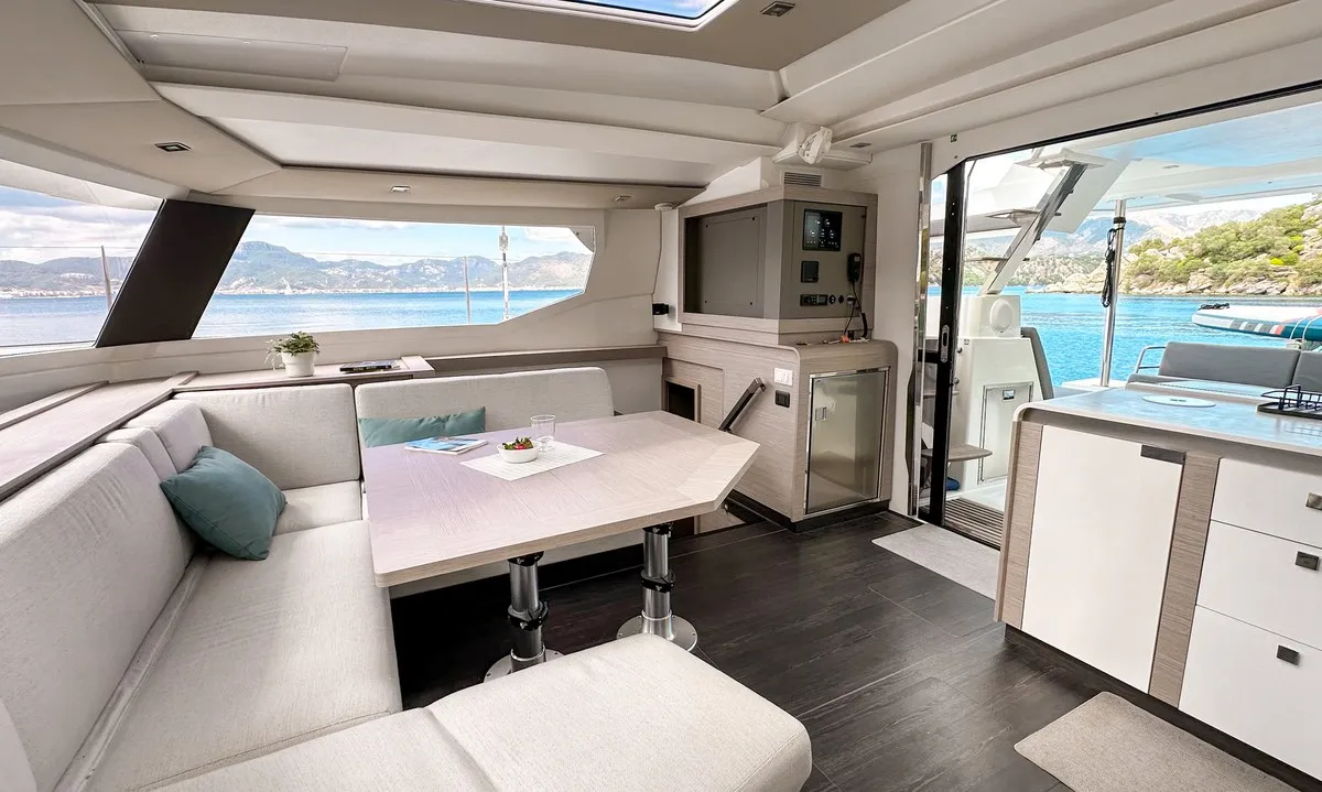 Salon of Smart Way, a Fountaine Pajot Tanna 47 catamaran at Marmaris, Turkey