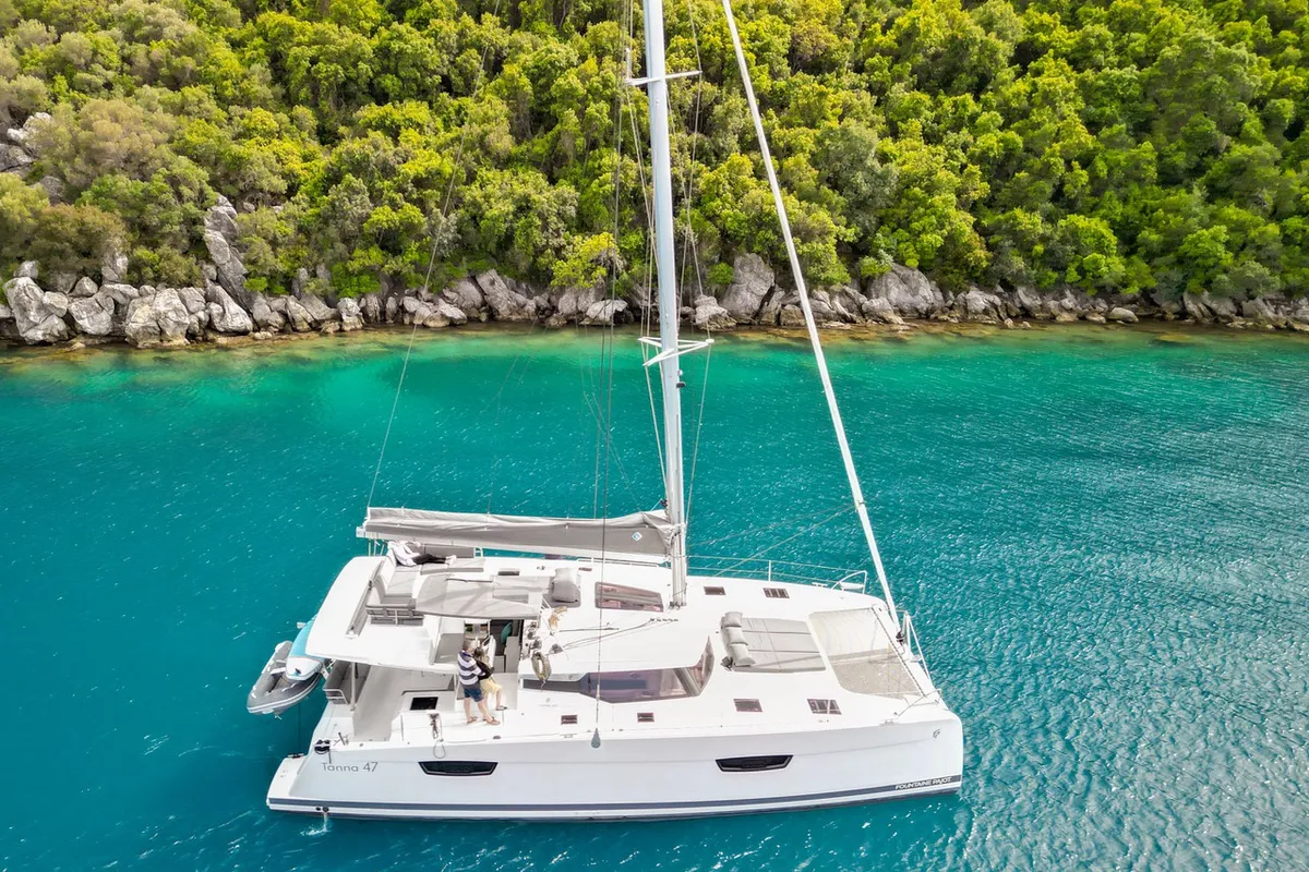 Exterior view of Smart Way, a Fountaine Pajot Tanna 47 catamaran at Marmaris, Turkey