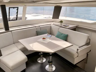 Salon of Smart Way, a Fountaine Pajot Tanna 47 catamaran at Marmaris, Turkey