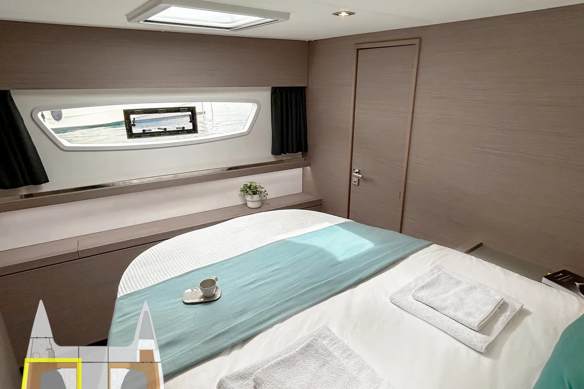Cabin on Smart Way, a Fountaine Pajot Tanna 47 catamaran at Marmaris, Turkey