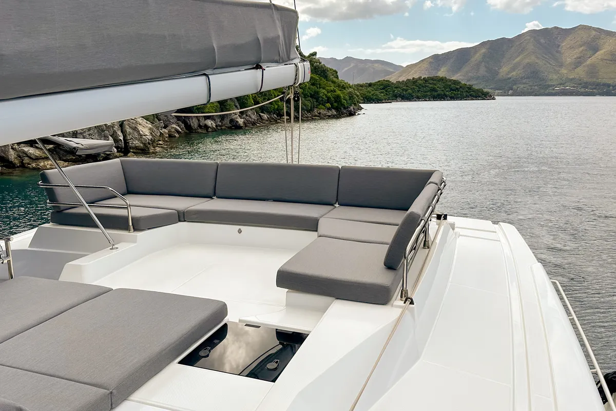 Deck of Smart Way, a Fountaine Pajot Tanna 47 catamaran at Marmaris, Turkey