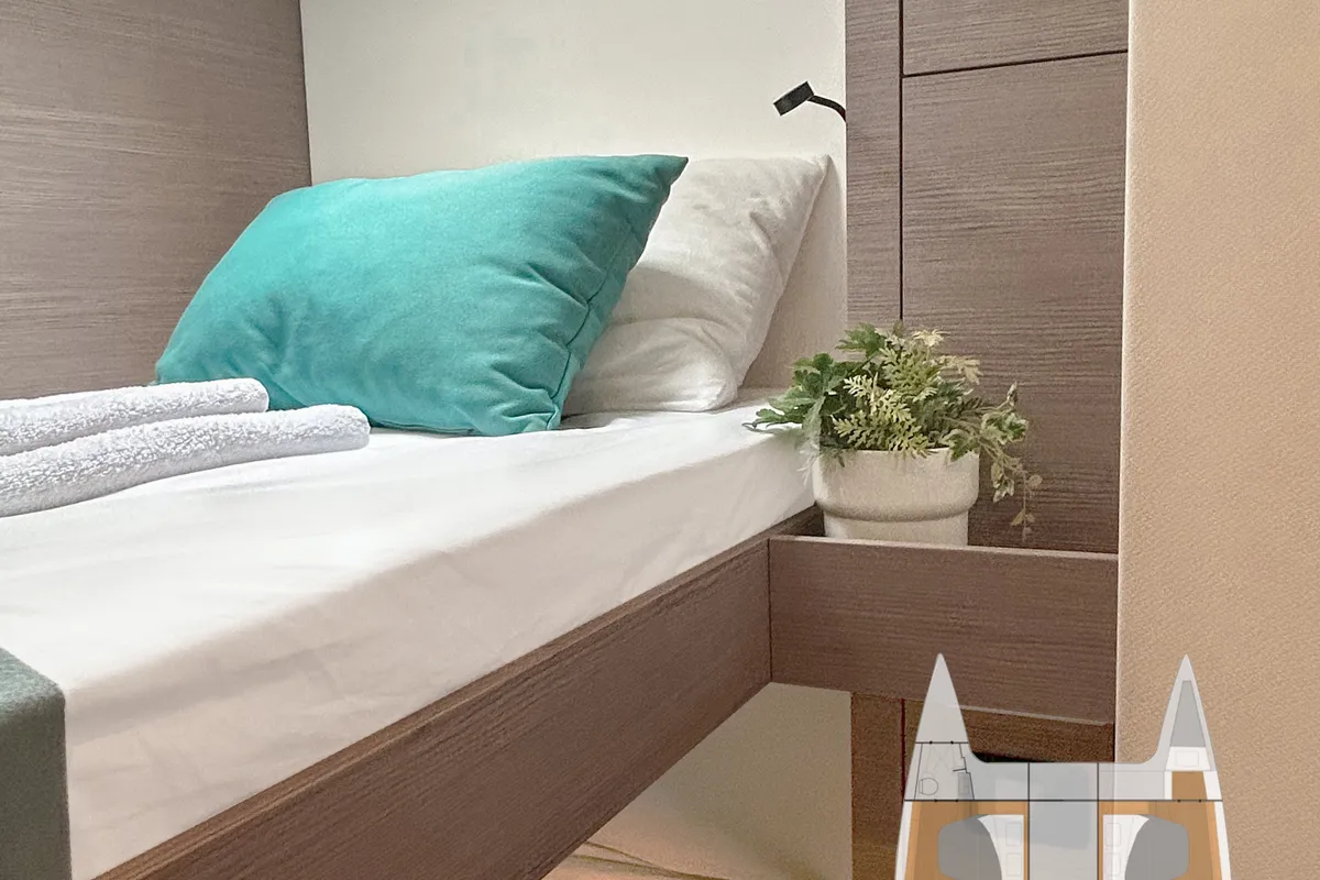 Cabin on Smart Way, a Fountaine Pajot Tanna 47 catamaran at Marmaris, Turkey