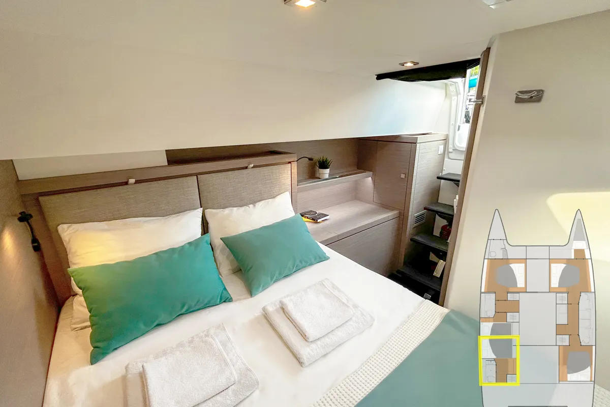 Cabin on Smart Way, a Fountaine Pajot Tanna 47 catamaran at Marmaris, Turkey