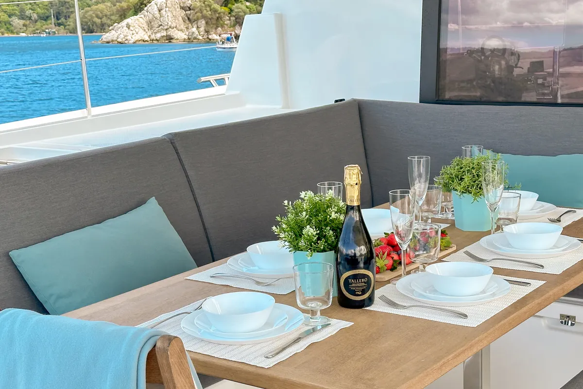 Deck of Smart Way, a Fountaine Pajot Tanna 47 catamaran at Marmaris, Turkey