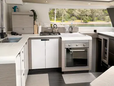 Galley of Smart Way, a Fountaine Pajot Tanna 47 catamaran at Marmaris, Turkey