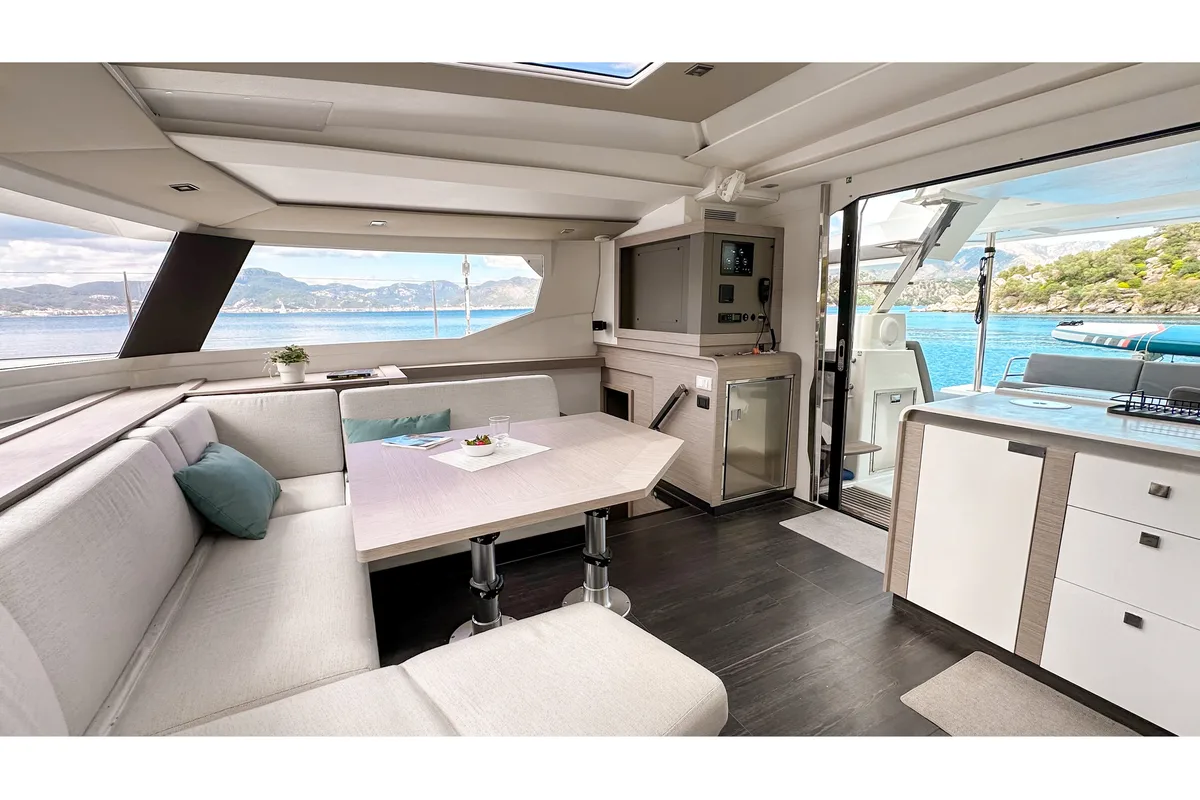 Salon of Smart Way, a Fountaine Pajot Tanna 47 catamaran at Marmaris, Turkey