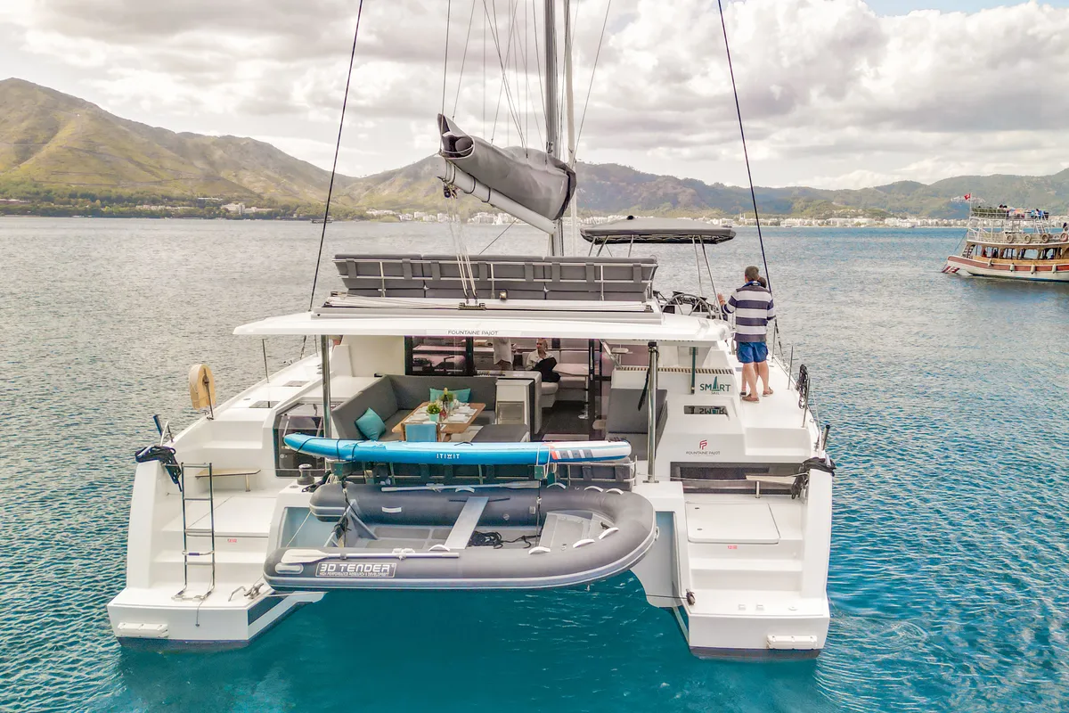 Exterior view of Smart Way, a Fountaine Pajot Tanna 47 catamaran at Marmaris, Turkey