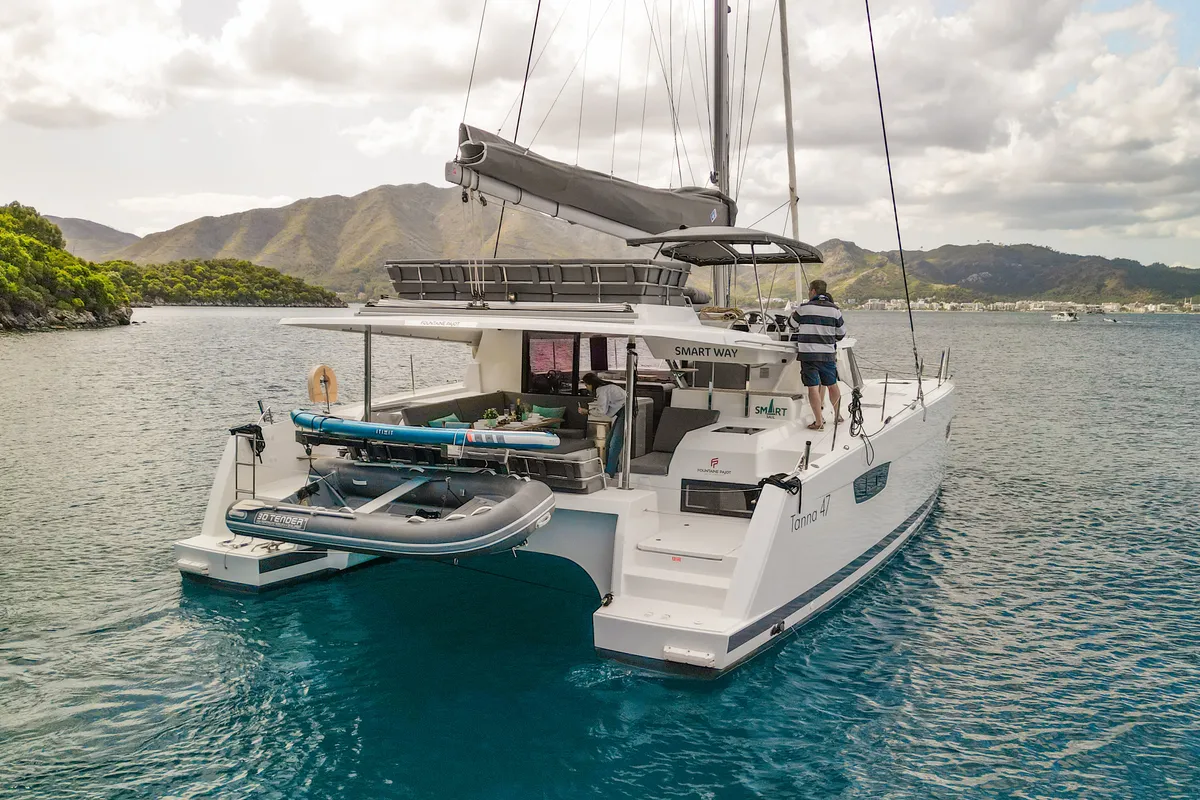 Exterior view of Smart Way, a Fountaine Pajot Tanna 47 catamaran at Marmaris, Turkey
