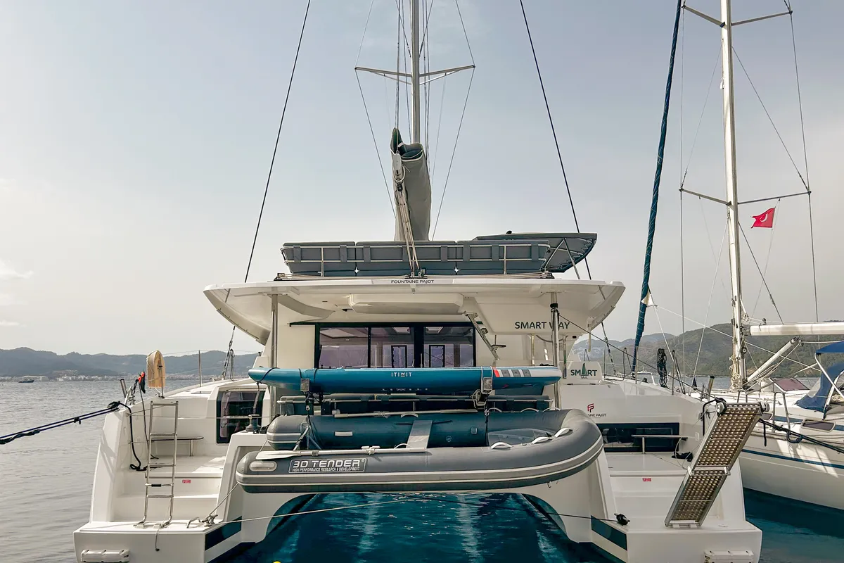 Exterior view of Smart Way, a Fountaine Pajot Tanna 47 catamaran at Marmaris, Turkey