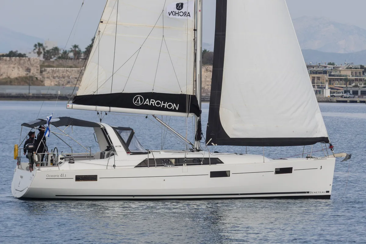 Exterior view of Ocyrhoe, a Beneteau Oceanis 41.1 sailboat at Municipal Unit of Rhodes, Greece