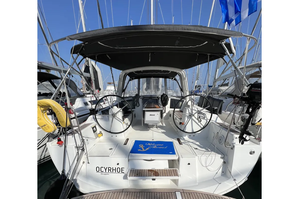 Exterior view of Ocyrhoe, a Beneteau Oceanis 41.1 sailboat at Municipal Unit of Rhodes, Greece