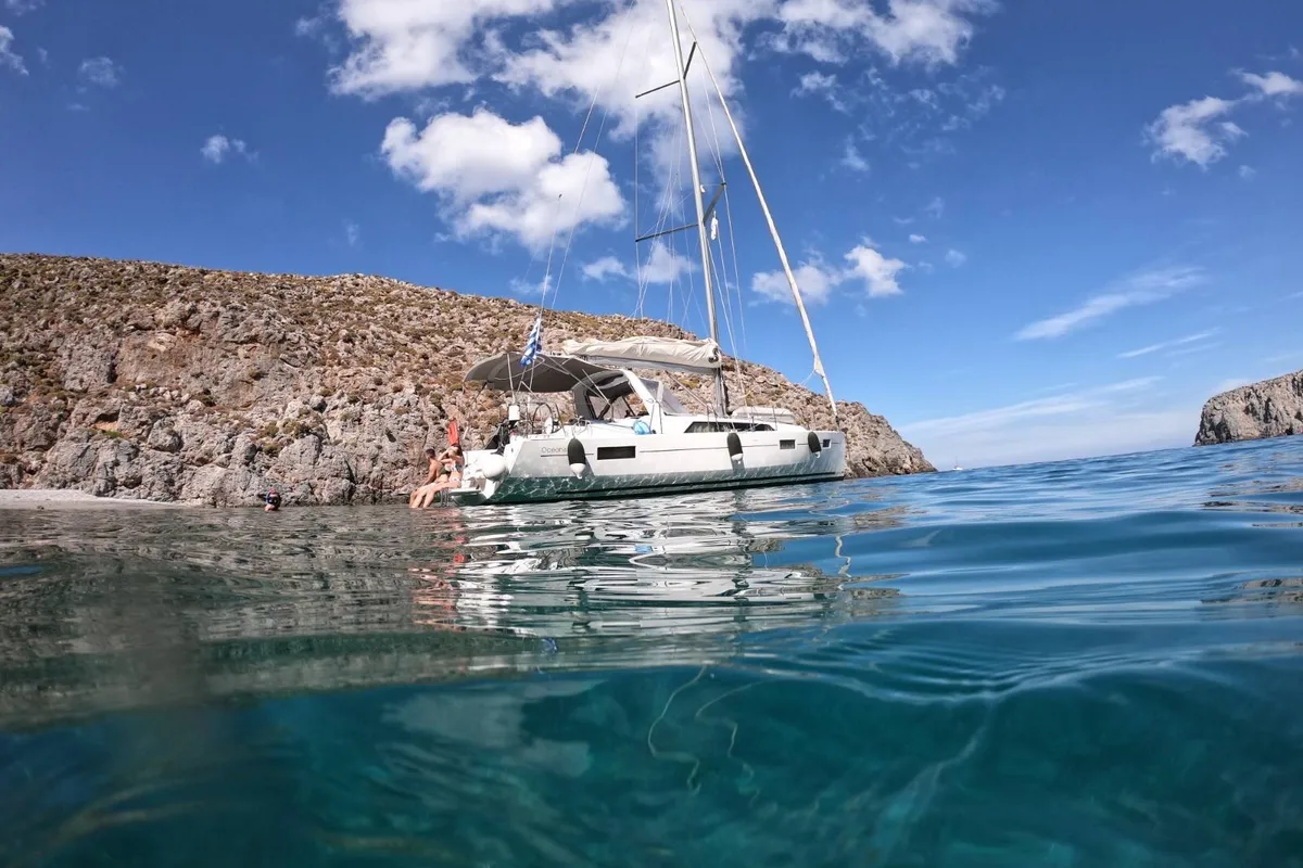 Exterior view of Ocyrhoe, a Beneteau Oceanis 41.1 sailboat at Municipal Unit of Rhodes, Greece