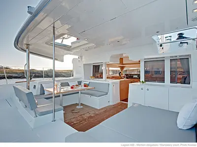 Deck of Solva, a Lagoon 450 catamaran at Kontokali, Greece
