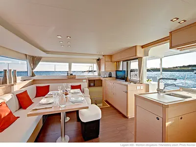 Salon of Solva, a Lagoon 450 catamaran at Kontokali, Greece
