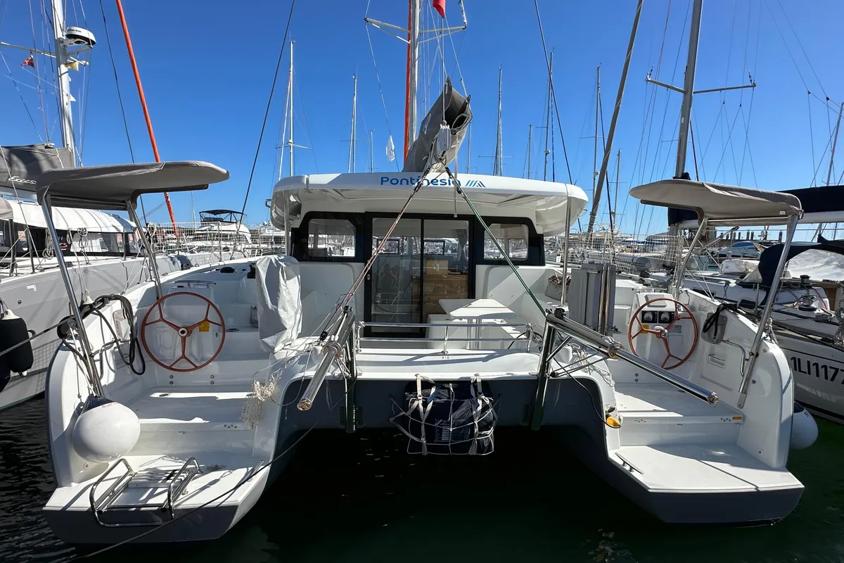 Deck of Pontinesia, a Excess 11 catamaran at Nettuno, Italy
