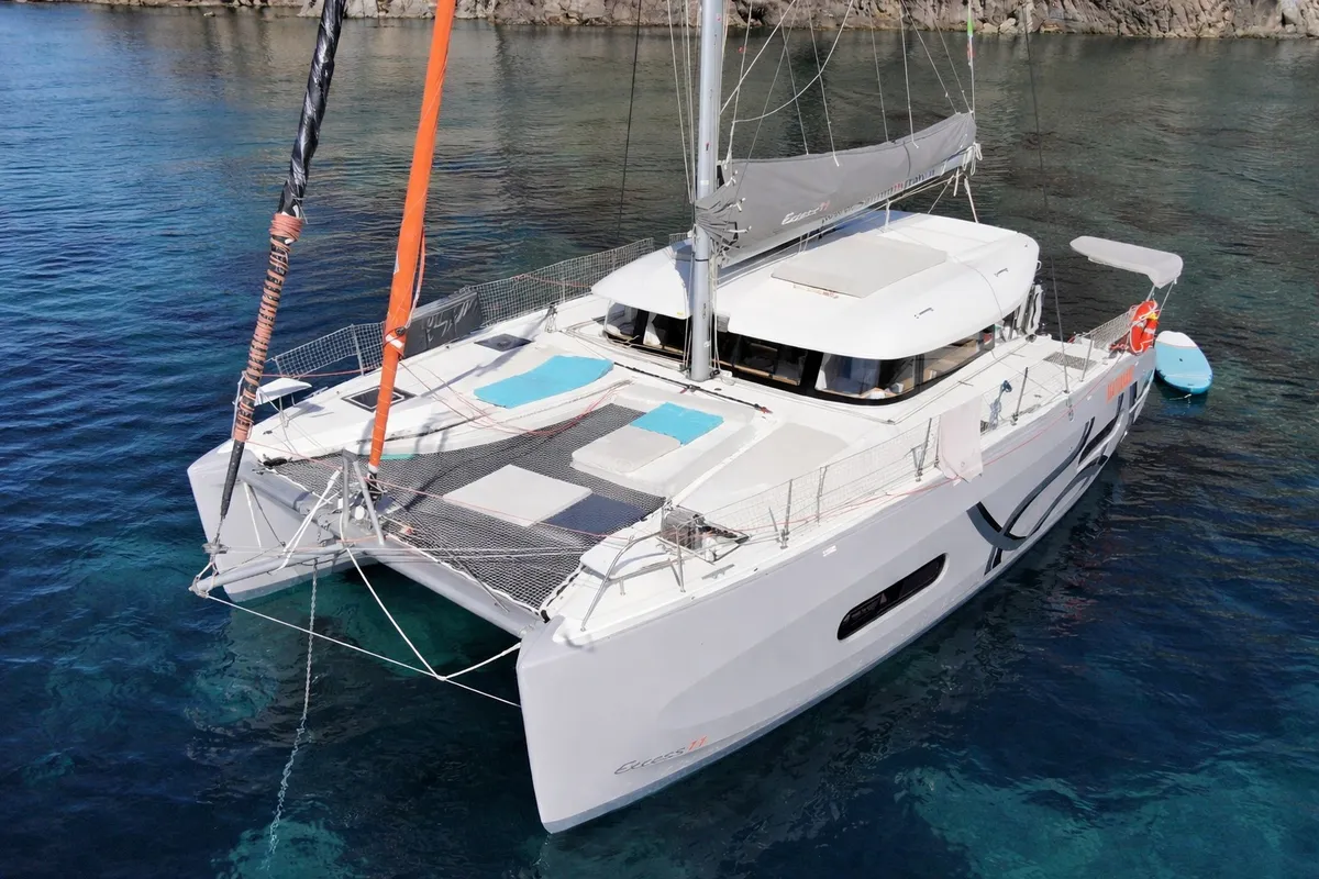Exterior view of Pontinesia, a Excess 11 catamaran at Nettuno, Italy