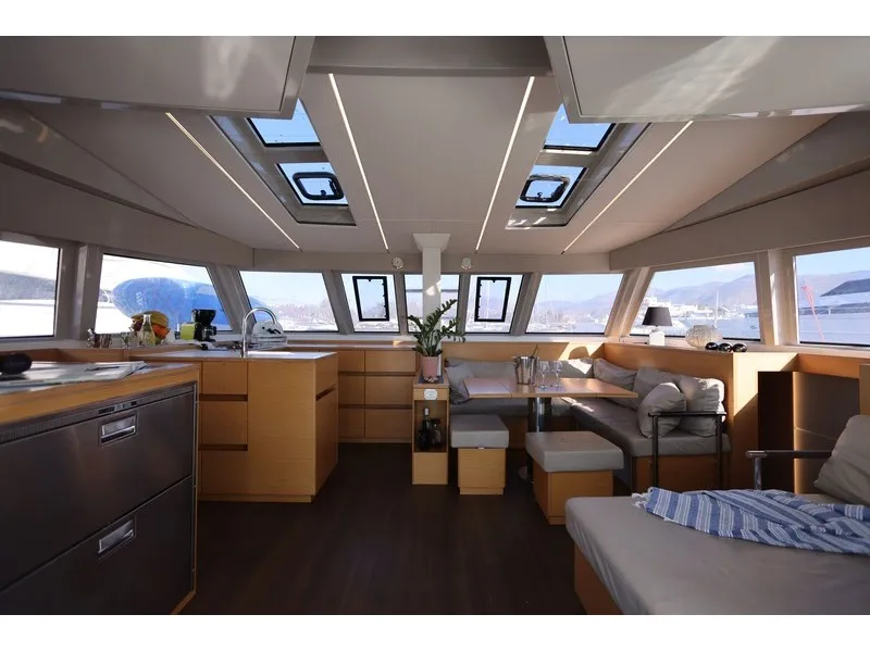 Salon of Aureliano, a Nautitech 46 Fly catamaran at Athens, Greece