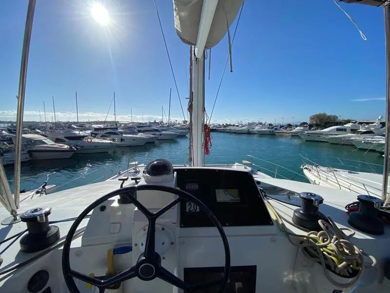 Cockpit of Aureliano, a Nautitech 46 Fly catamaran at Athens, Greece