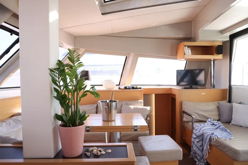 Salon of Aureliano, a Nautitech 46 Fly catamaran at Athens, Greece