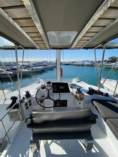 Cockpit of Aureliano, a Nautitech 46 Fly catamaran at Athens, Greece