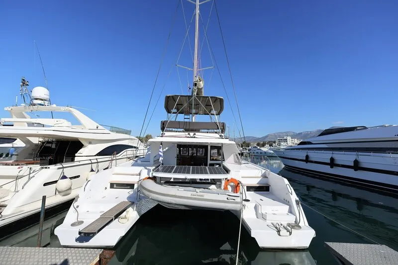 Exterior view of Aureliano, a Nautitech 46 Fly catamaran at Athens, Greece