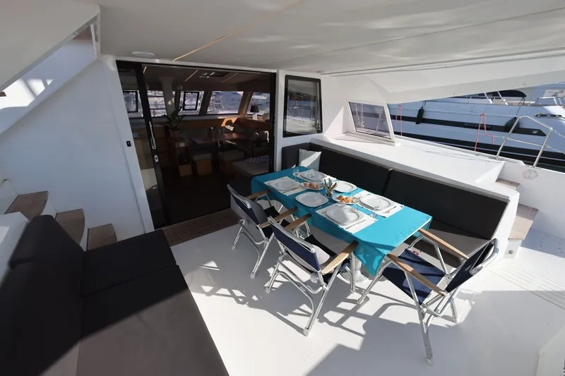 Deck of Aureliano, a Nautitech 46 Fly catamaran at Athens, Greece