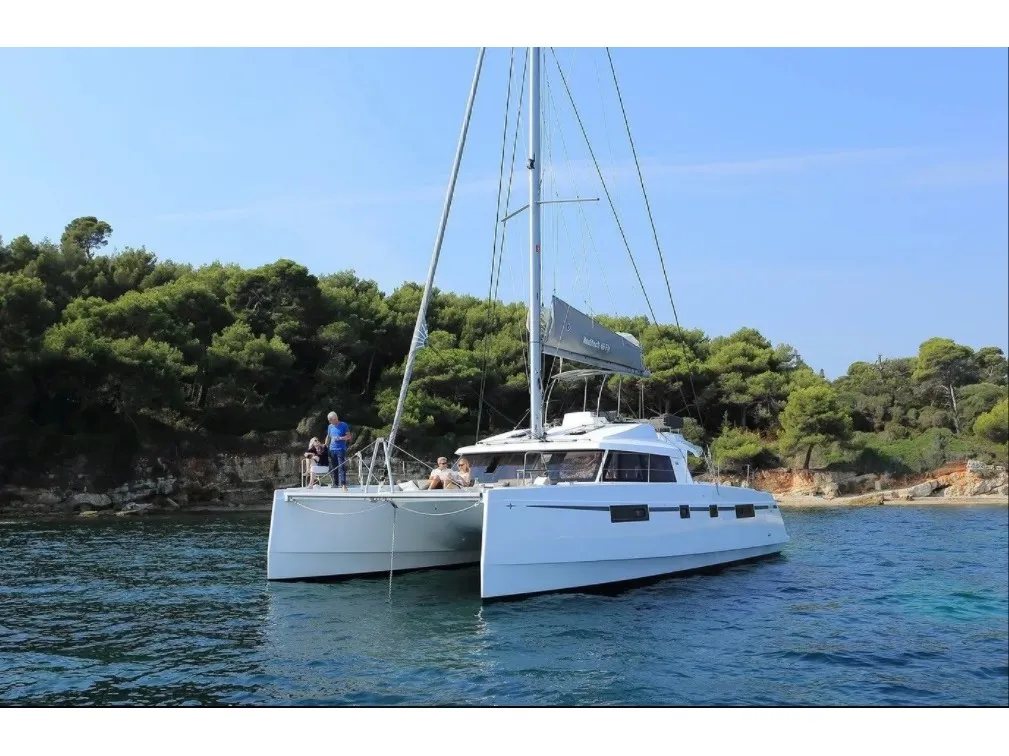 Exterior view of Aureliano, a Nautitech 46 Fly catamaran at Athens, Greece