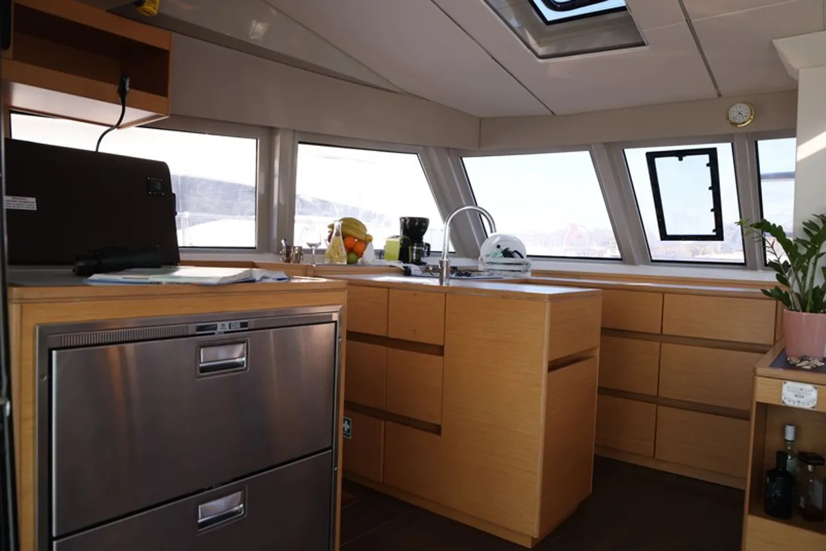Galley of Aureliano, a Nautitech 46 Fly catamaran at Athens, Greece