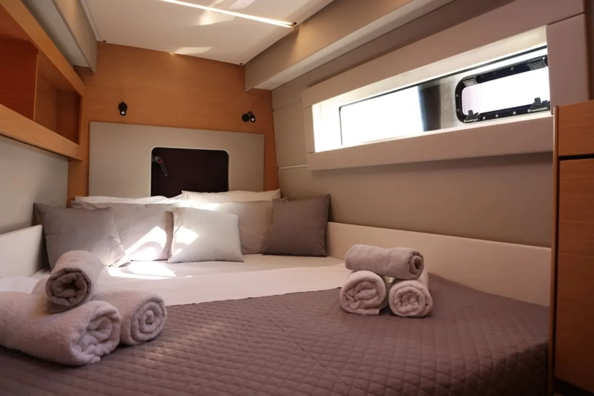 Cabin on Aureliano, a Nautitech 46 Fly catamaran at Athens, Greece