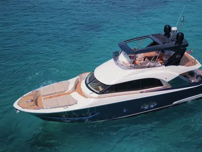 Exterior view of Five weeks, a Beneteau Monte Carlo 66 motor yacht at Castellammare di Stabia, Italy