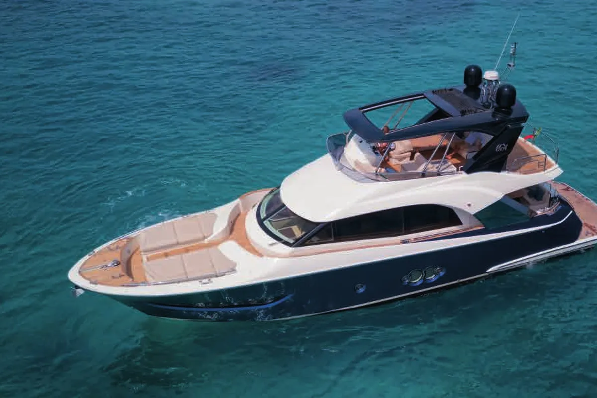 Exterior view of Five weeks, a Beneteau Monte Carlo 66 motor yacht at Castellammare di Stabia, Italy