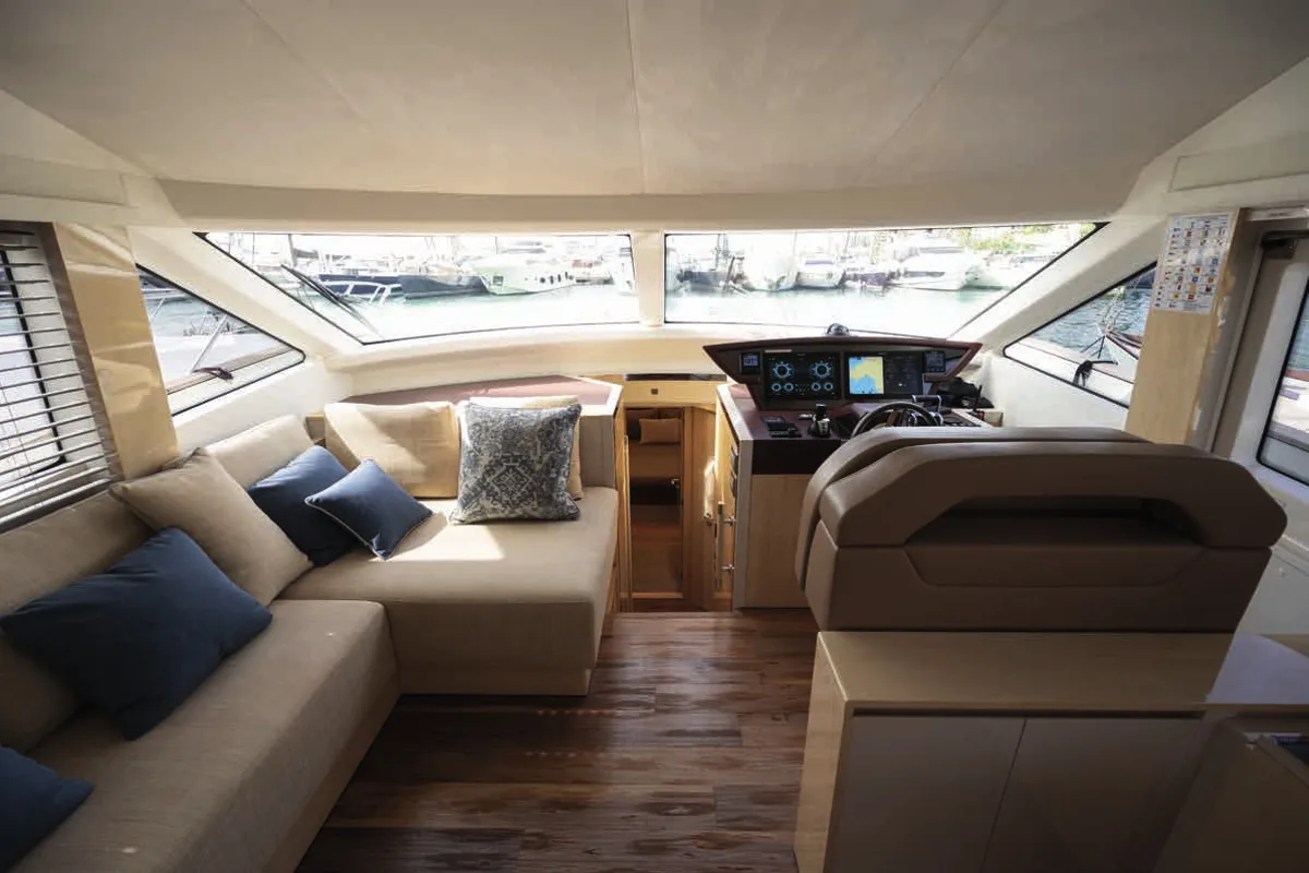 Cockpit of Five weeks, a Beneteau Monte Carlo 66 motor yacht at Castellammare di Stabia, Italy