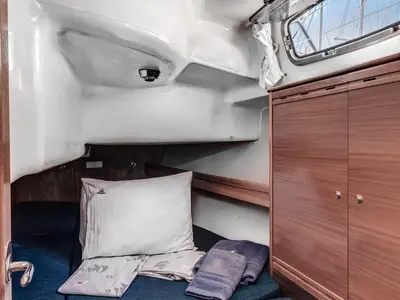 Cabin on Hespera, a Bavaria 37 Cruiser sailboat at Kontokali, Greece