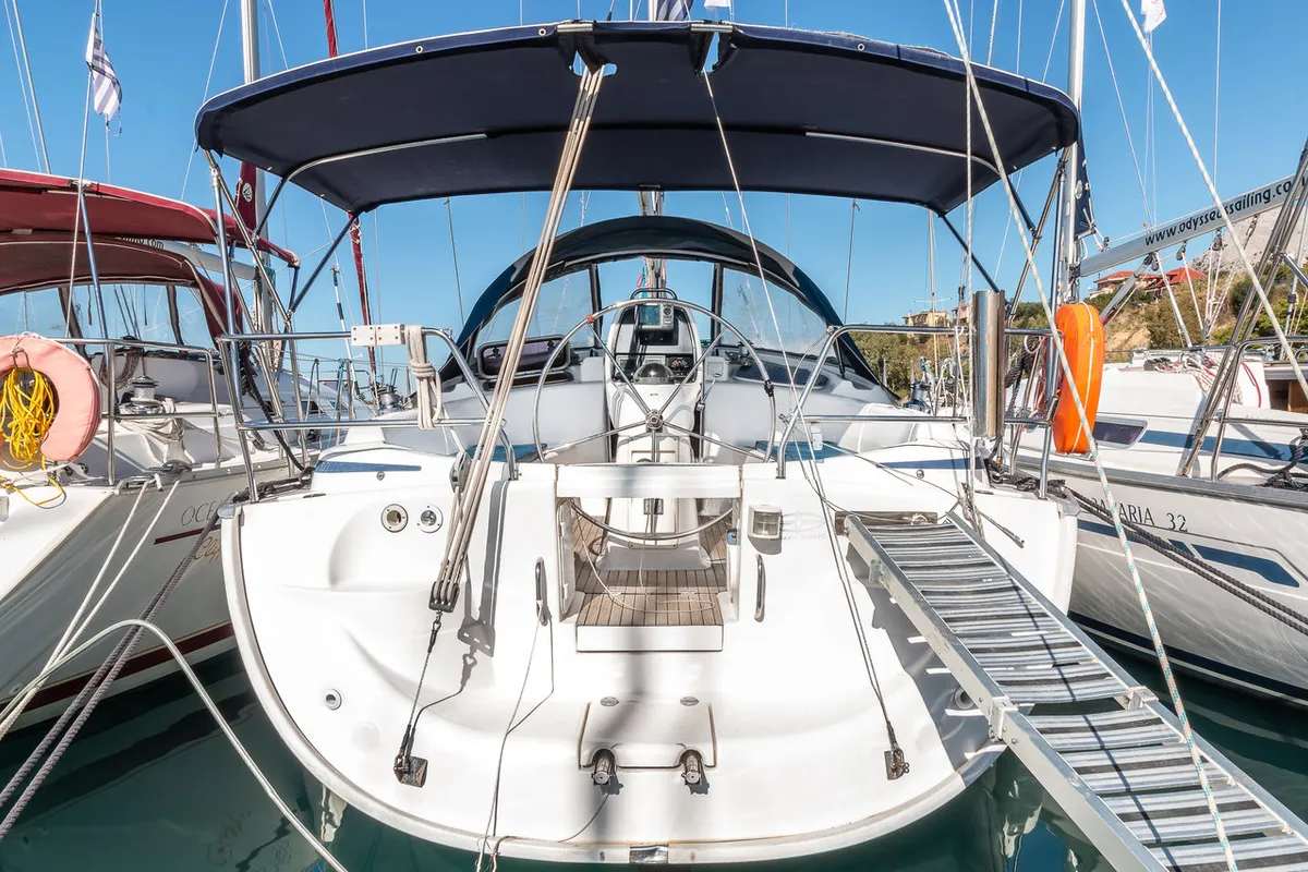 Exterior view of Hespera, a Bavaria 37 Cruiser sailboat at Kontokali, Greece