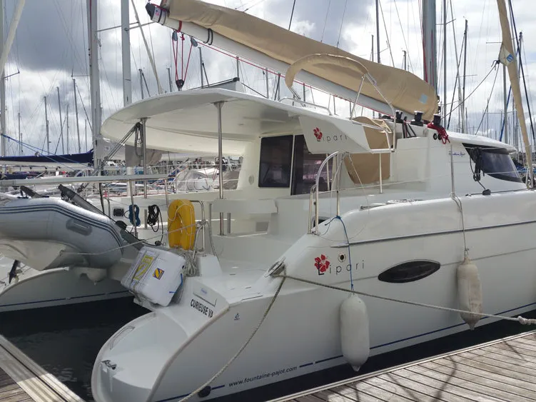 Exterior view of Curieuse, a Fountaine Pajot Lipari 41 catamaran at Kerners, France