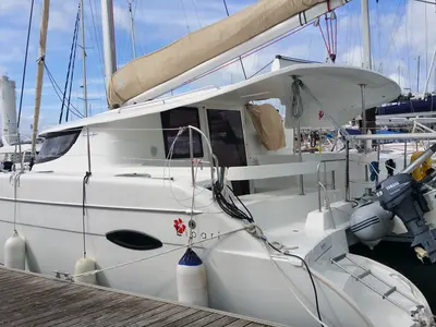 Exterior view of Curieuse, a Fountaine Pajot Lipari 41 catamaran at Kerners, France