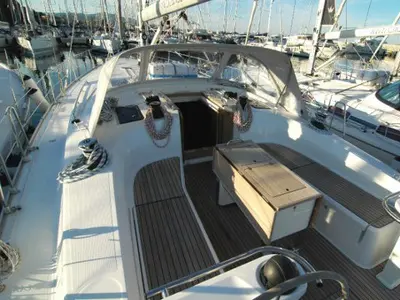 Deck of Hydra, a Bavaria Cruiser 45 sailboat at Olbia, Italy