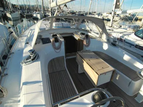 Deck of Hydra, a Bavaria Cruiser 45 sailboat at Olbia, Italy