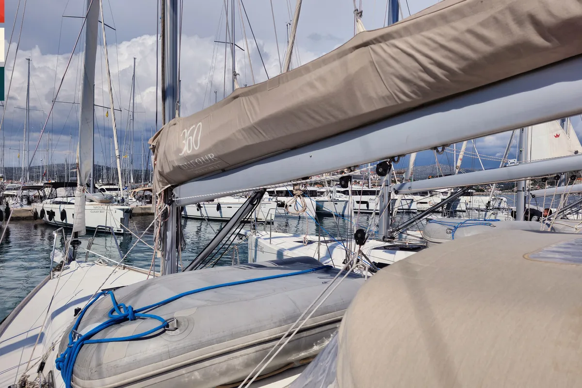 Deck of Lola, a Dufour 360 GL sailboat at Rogoznica, Croatia