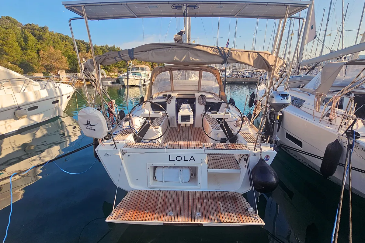 Exterior view of Lola, a Dufour 360 GL sailboat at Rogoznica, Croatia